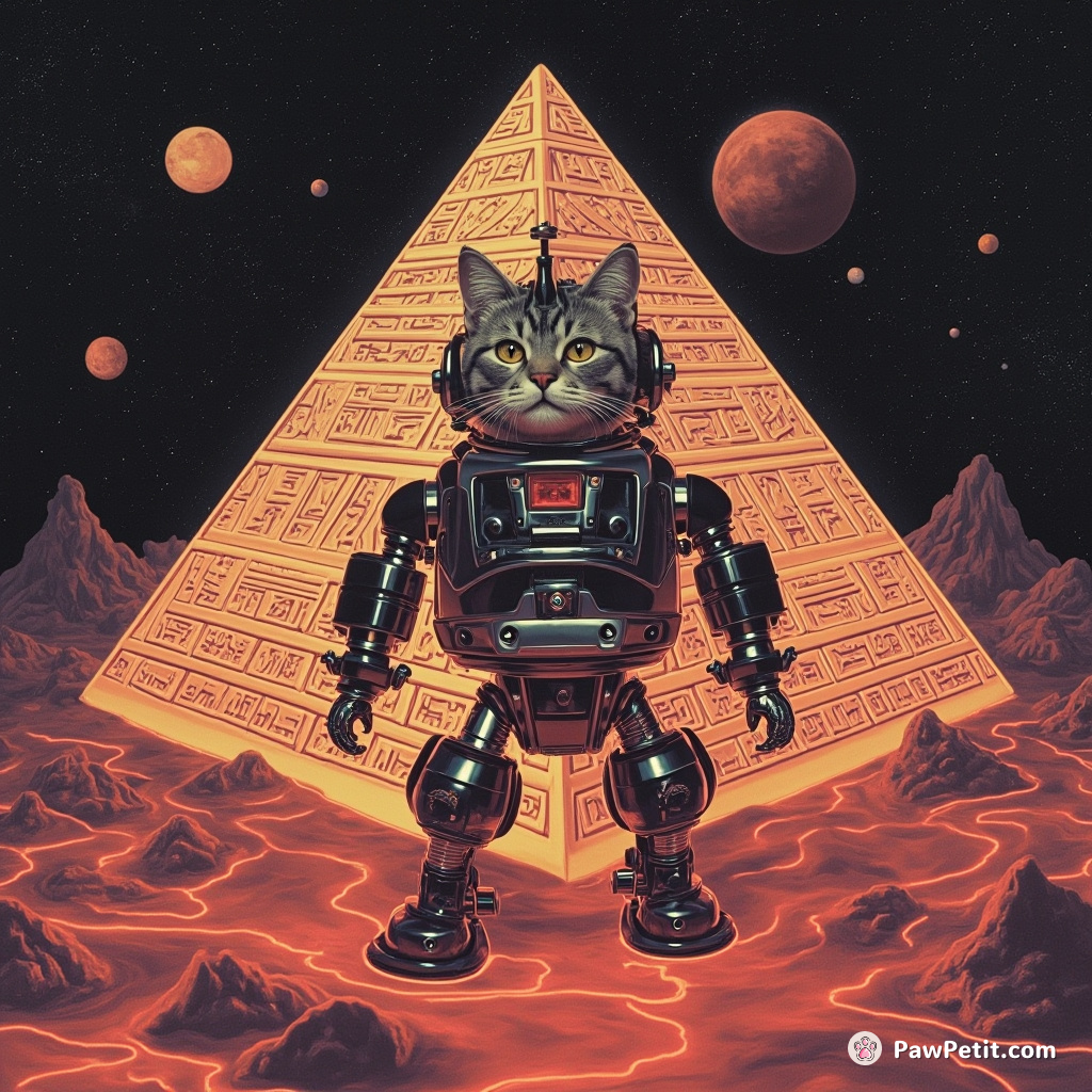 A cybernetic cat translating ancient hieroglyphics in an upside down pyramid, floating in syrup-filled space.