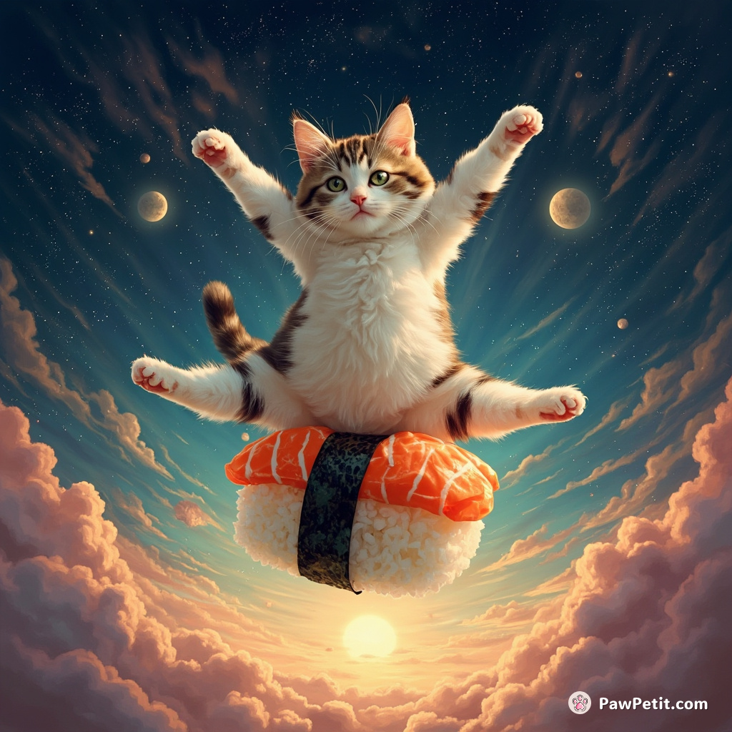 A cat doing ballet on a floating sushi roll in zero gravity.