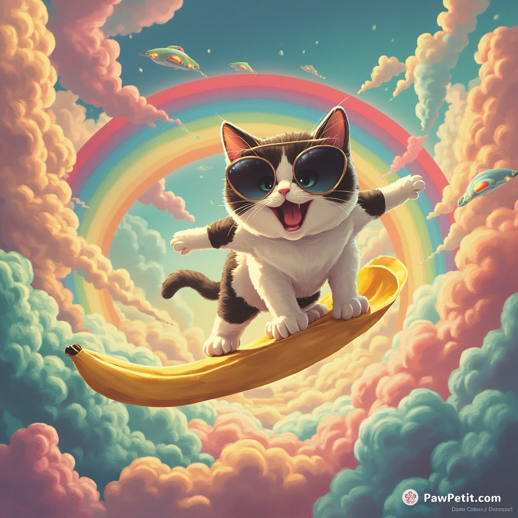 A cat surfing on a banana peel across a swirling vortex of rainbow alien clouds.