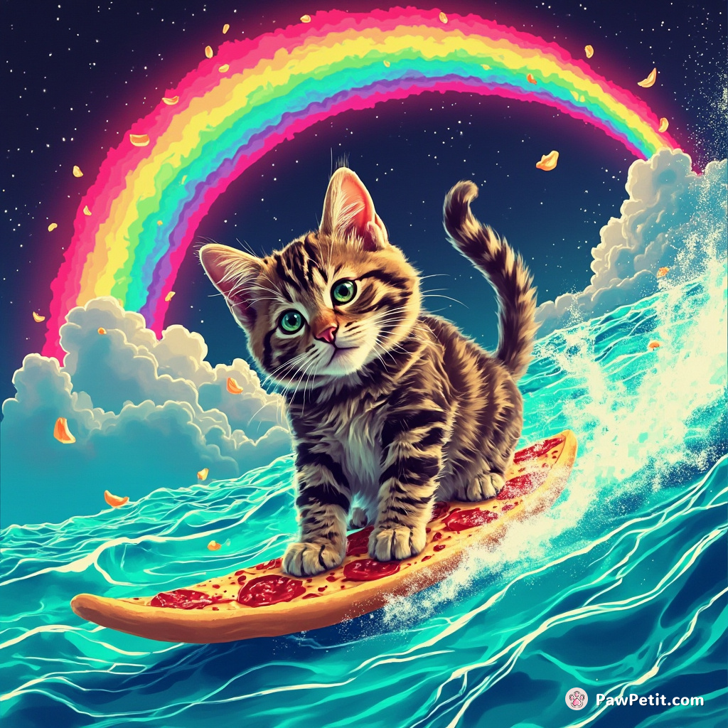 Cat surfing on a pizza slice in a sea of turquoise jelly under neon rainbow skies.