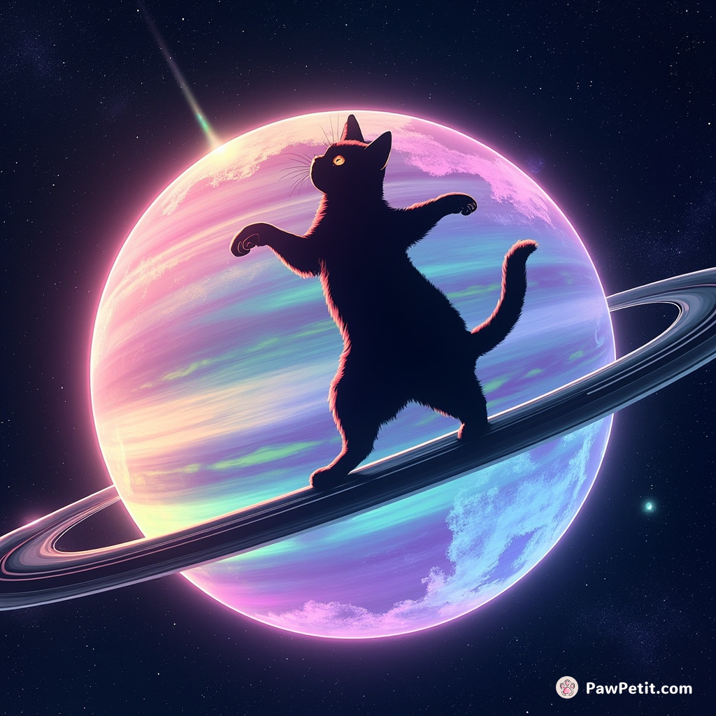 Cat silhouette moonwalking on the rings of Saturn while flaring an iridescent rainbow.
