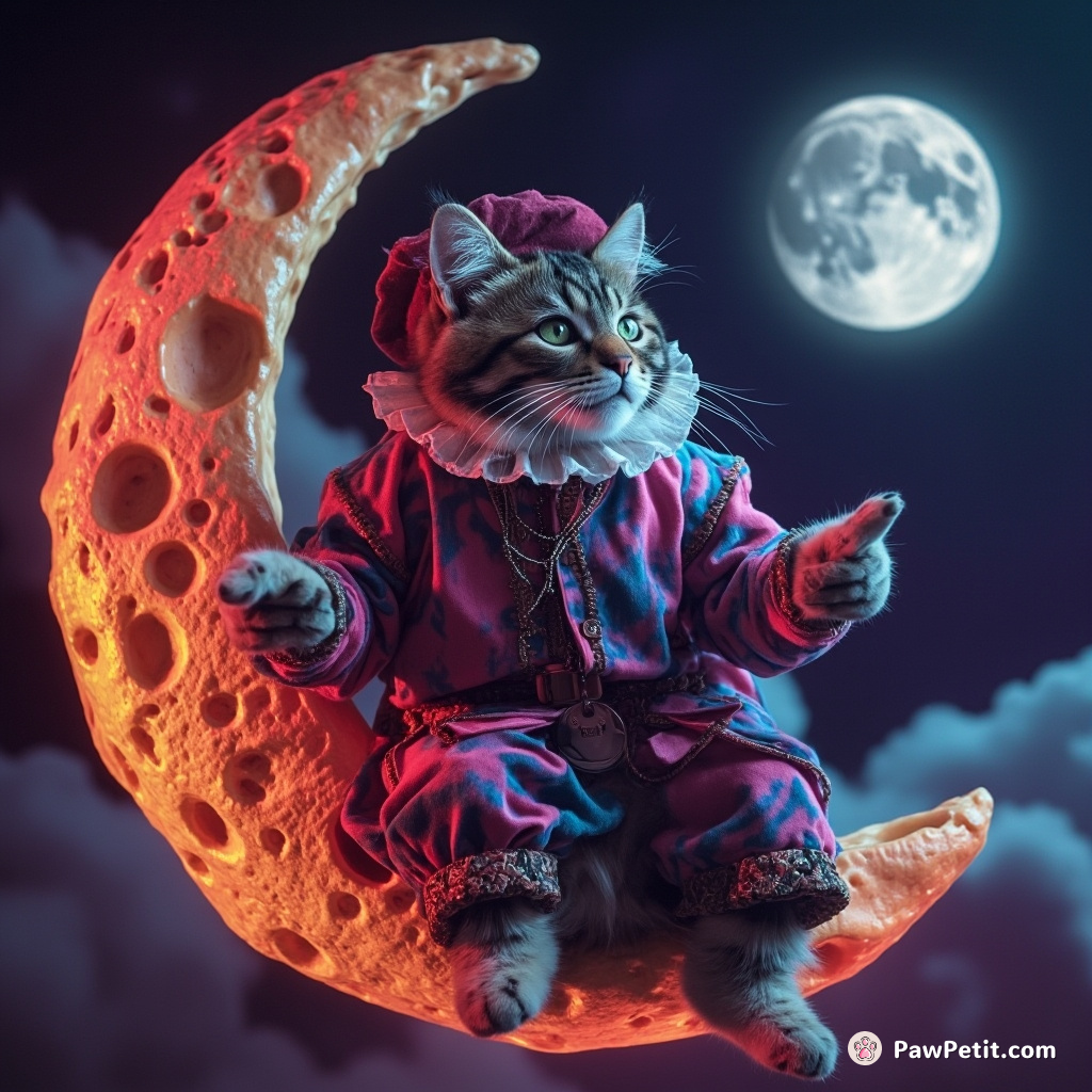 A cat performing a Shakespearean monologue on a floating cheese moon in tie-dye renaissance attire.