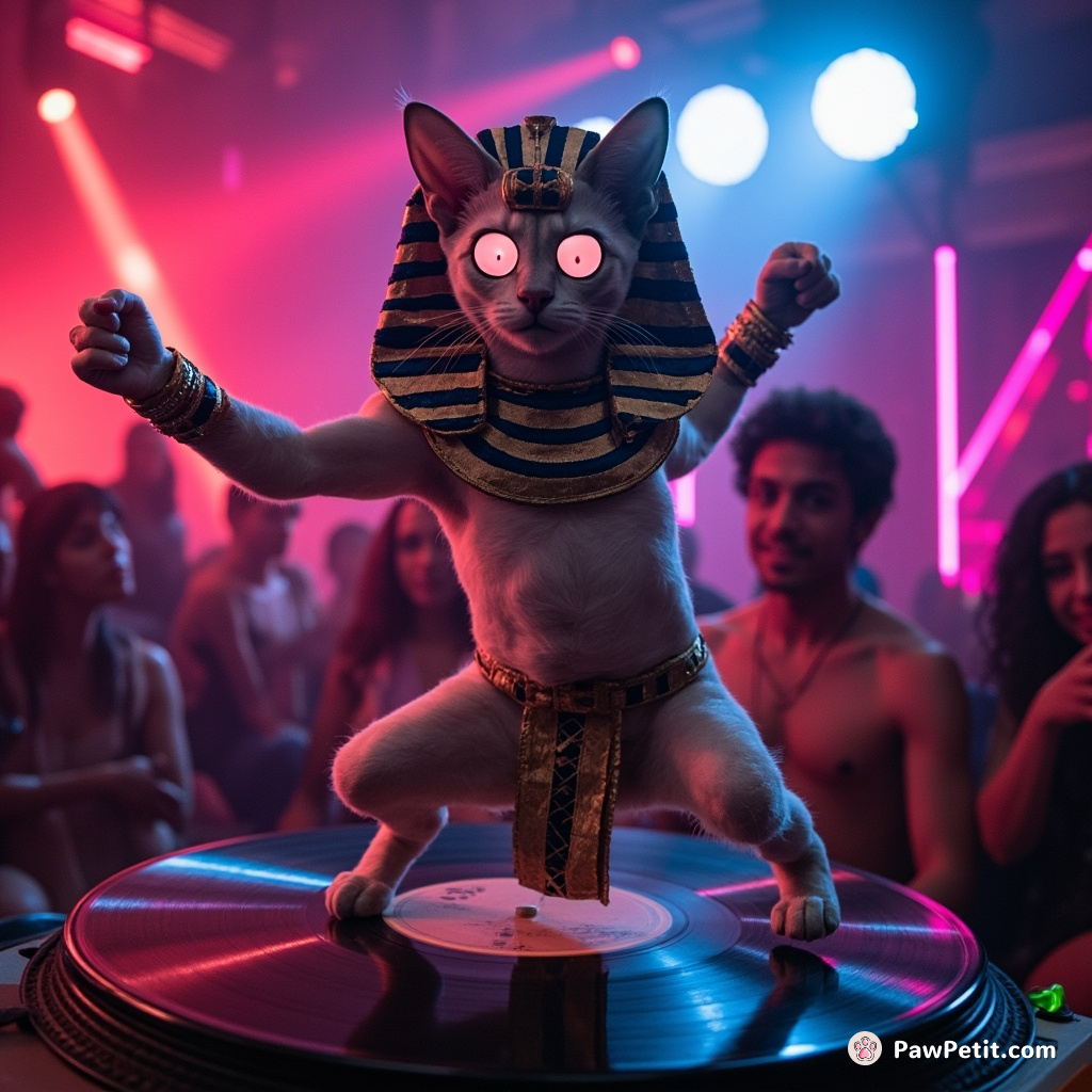 At an ancient Egyptian disco party, a psychedelic sphynx cat performing a breakdance on a spinning vinyl record.