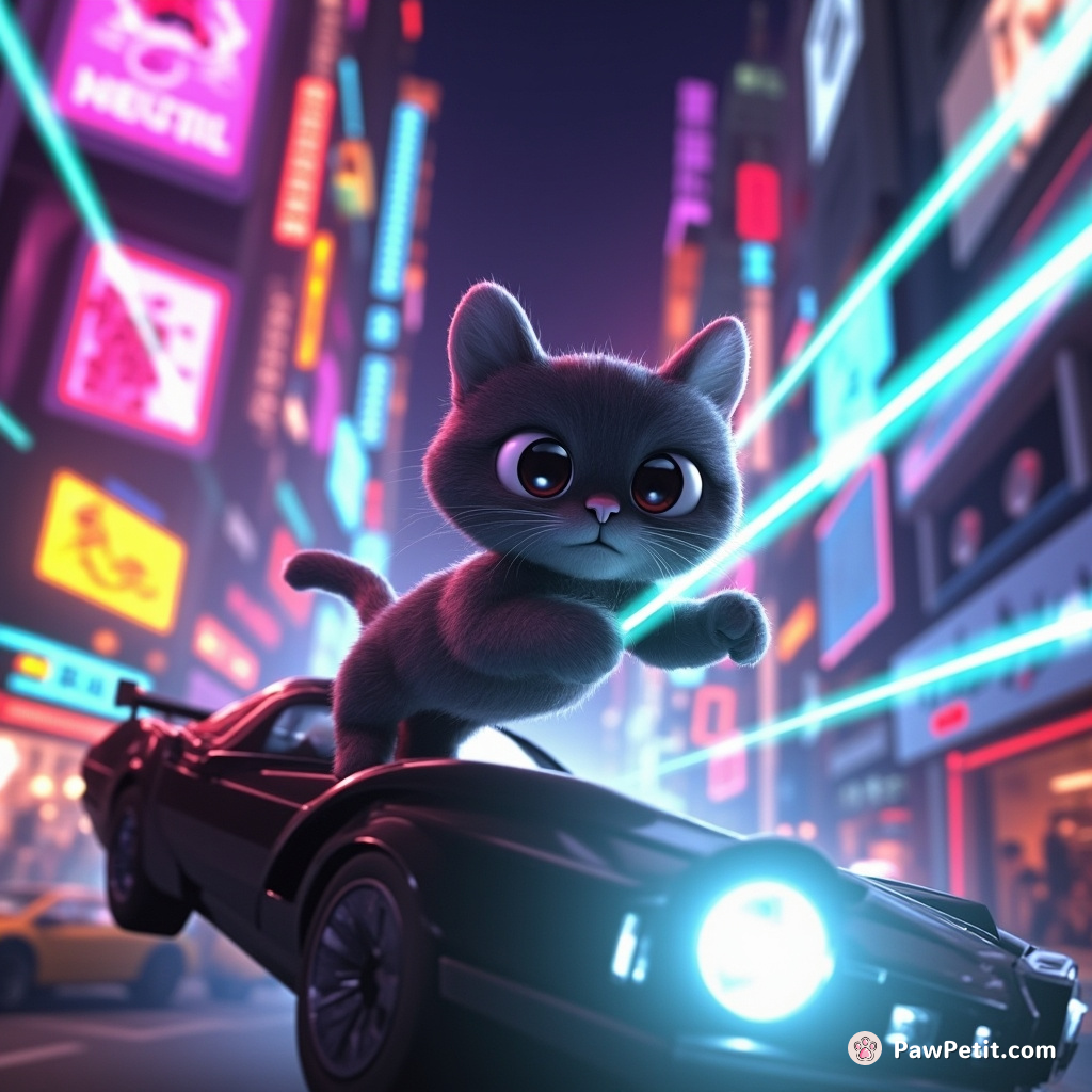 A sleek cat leaps between levitating cars, nimbly dodging laser beams in the neon-drenched metropolis.