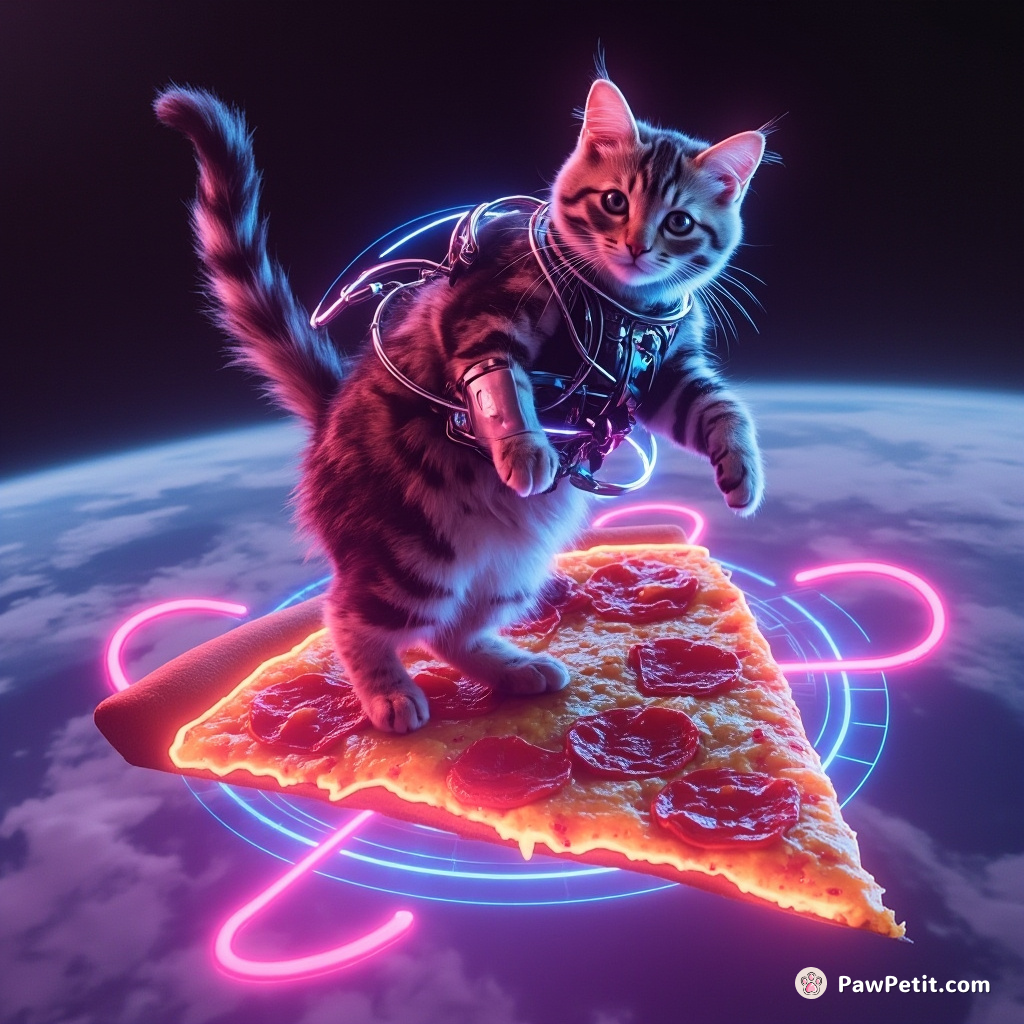 Cyborg cat disco-dancing on a pulsating cosmic pizza slice in zero gravity.