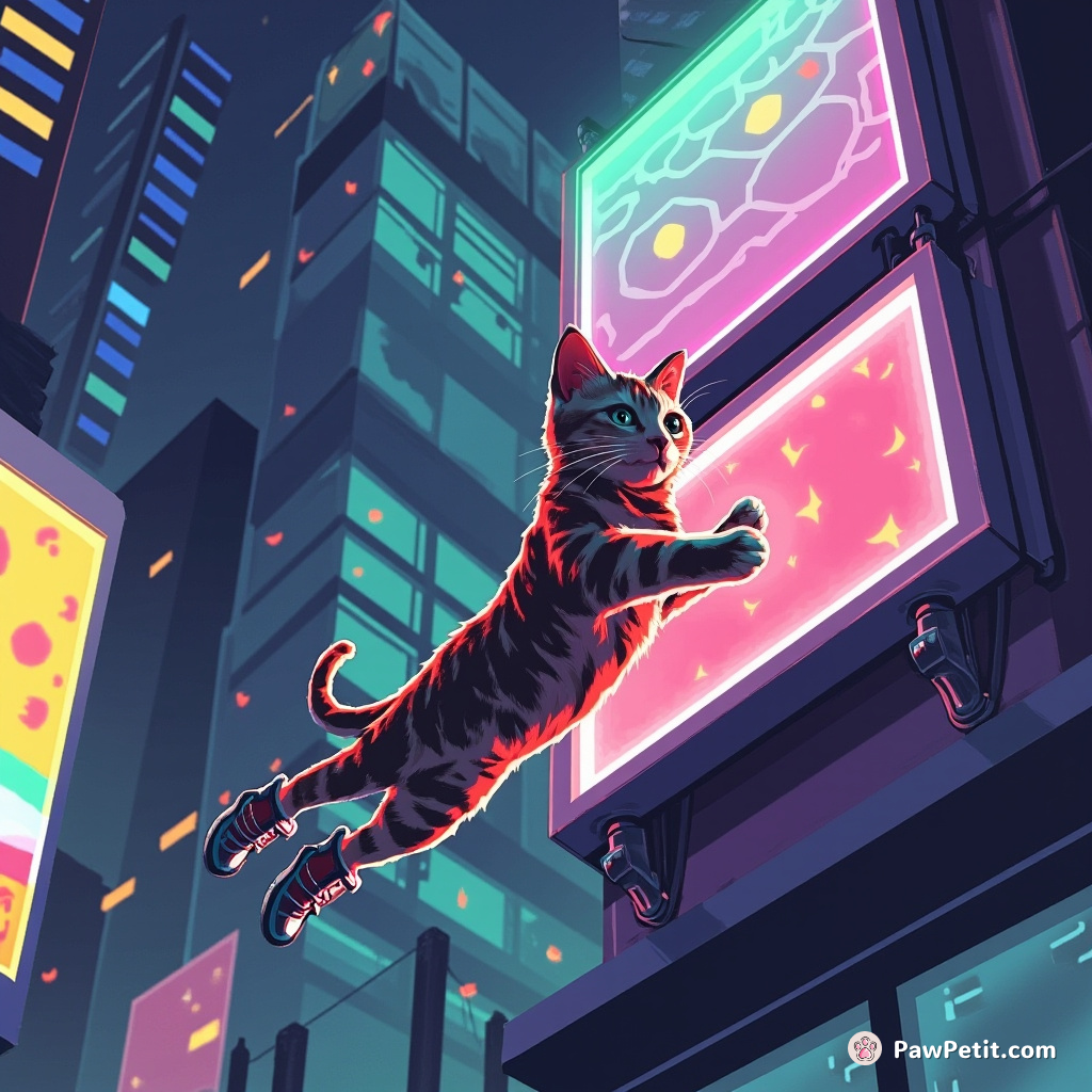 A cat deftly leaps between glowing holographic billboards, using magnetic boots to cling to a skyscraper's glass facade.