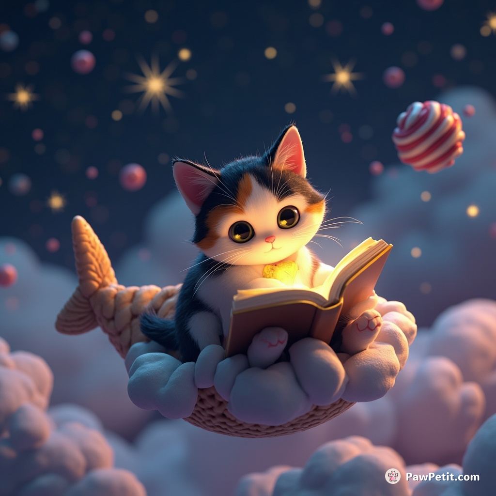 A calico cat reading a mysterious glowing book, floating on a cloud shaped like a fish in the middle of a candy-coated meteor shower.