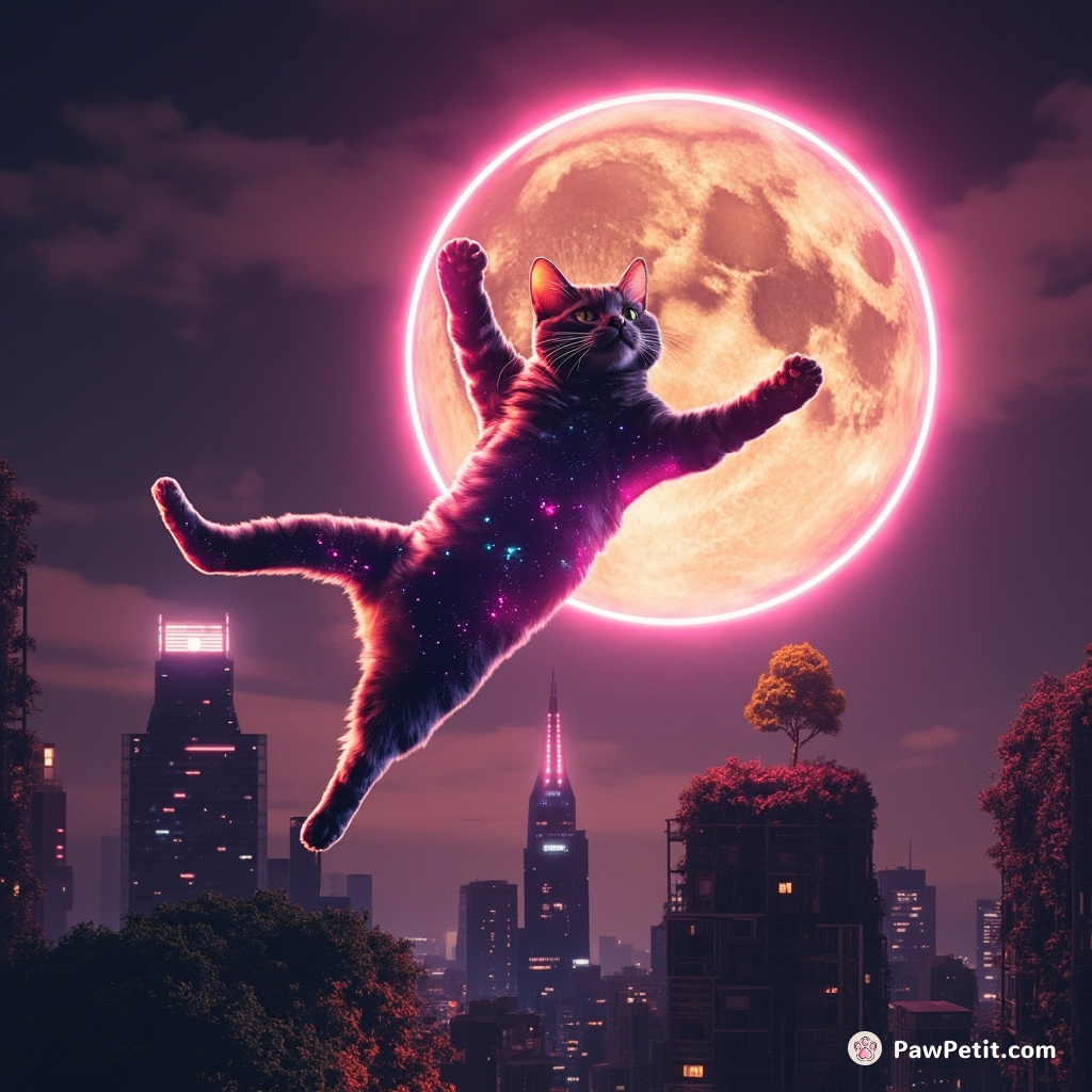 A neon galaxy cat pole-vaulting over a caramel moon with skyscrapers growing like plants on pause.