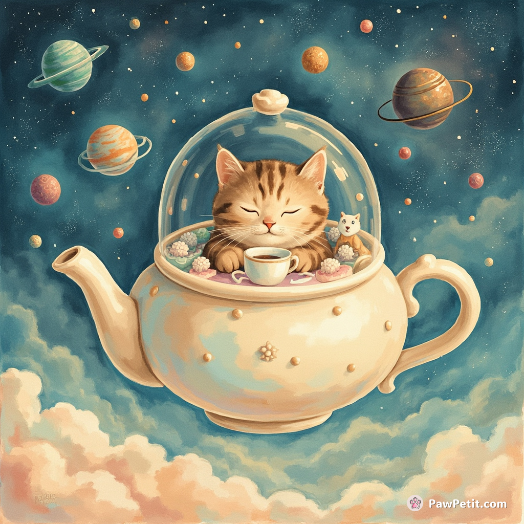 Cat hosting an intergalactic tea party inside a giant flying asteroid teapot.