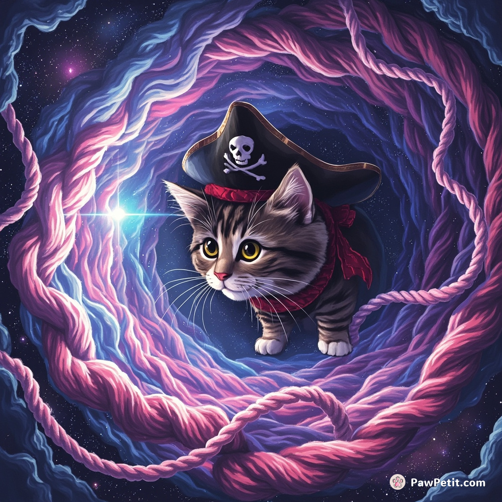 A one-eyed space pirate cat emerging from a neon galaxy whirlpool, using a gigantic cosmic yarn for navigation.