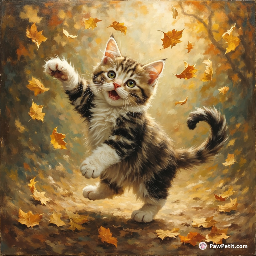 Cat swats at fluttering leaves, darting and pouncing with unpredictable, playful abandon.
