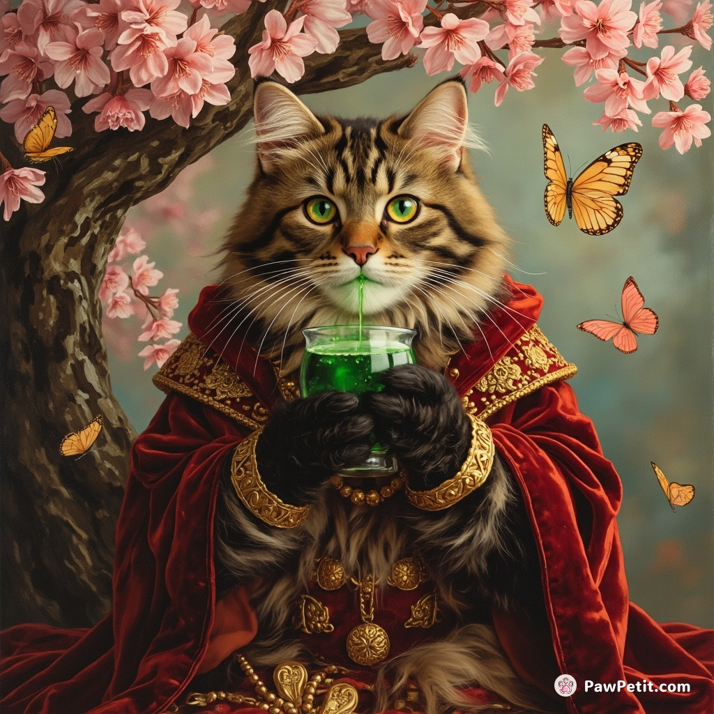 A regal cat draped in velvet, sipping an emerald potion under a cherry blossom tree with oversized butterflies fluttering around.