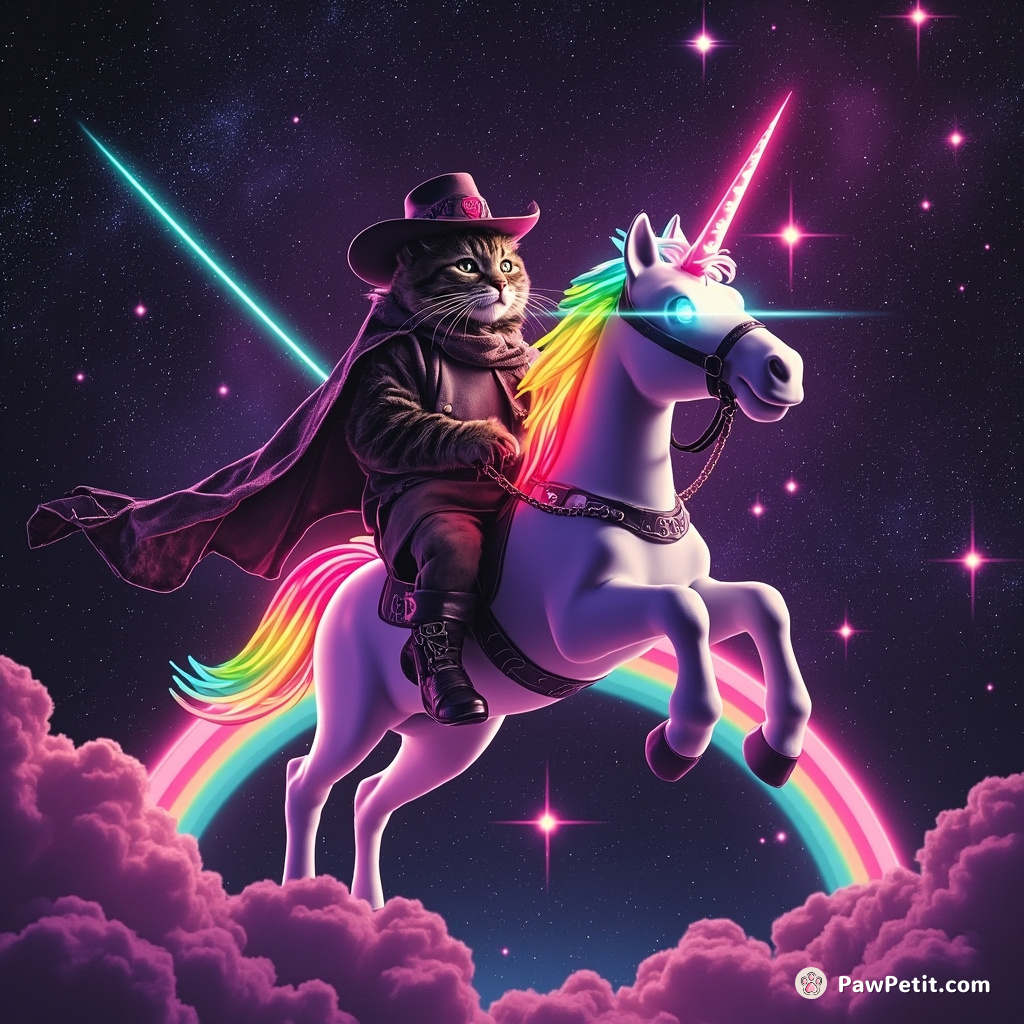 Space cowboy cat riding a neon rainbow unicorn amidst a supernova meteor shower.