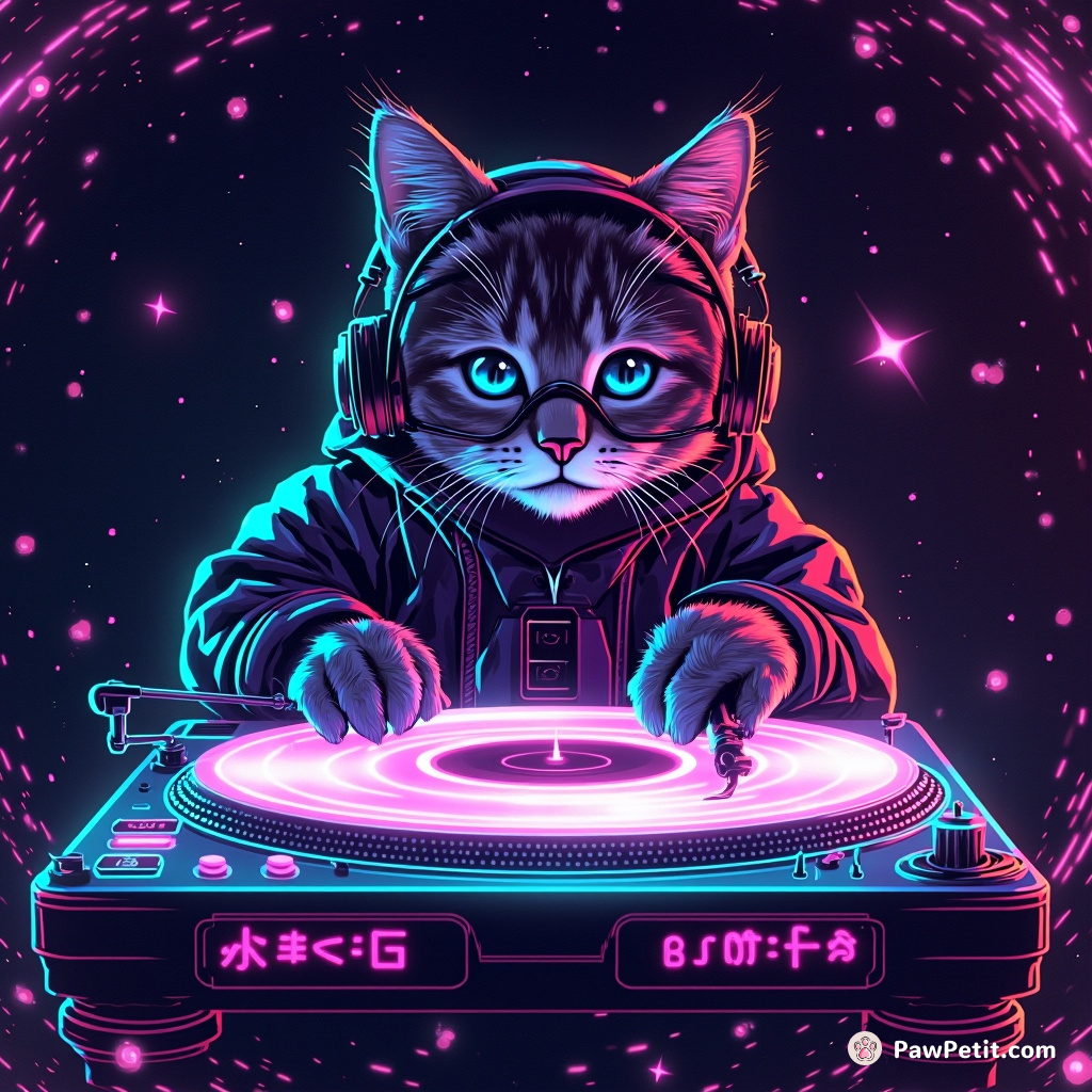 Neon-punk cat DJ remixing tunes on a floating holographic turntable in zero gravity.