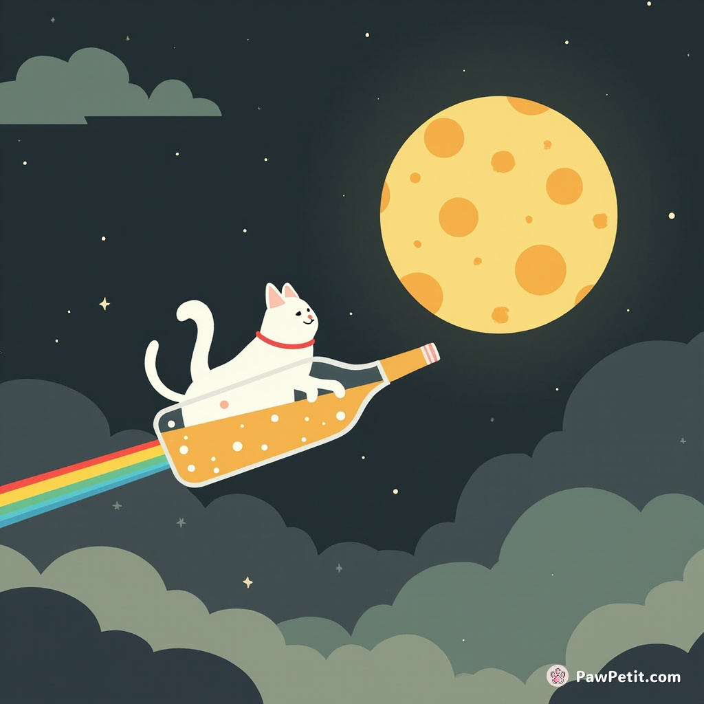 Cat floating in a bottled spaceship, shooting rainbow lasers at cheese moon.