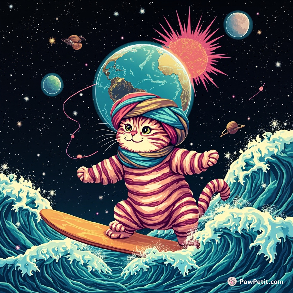 A Cheshire cat showing the earth's evolution on a plasma globe atop its turban, while surfing through space waves in accords of 80s disco music.