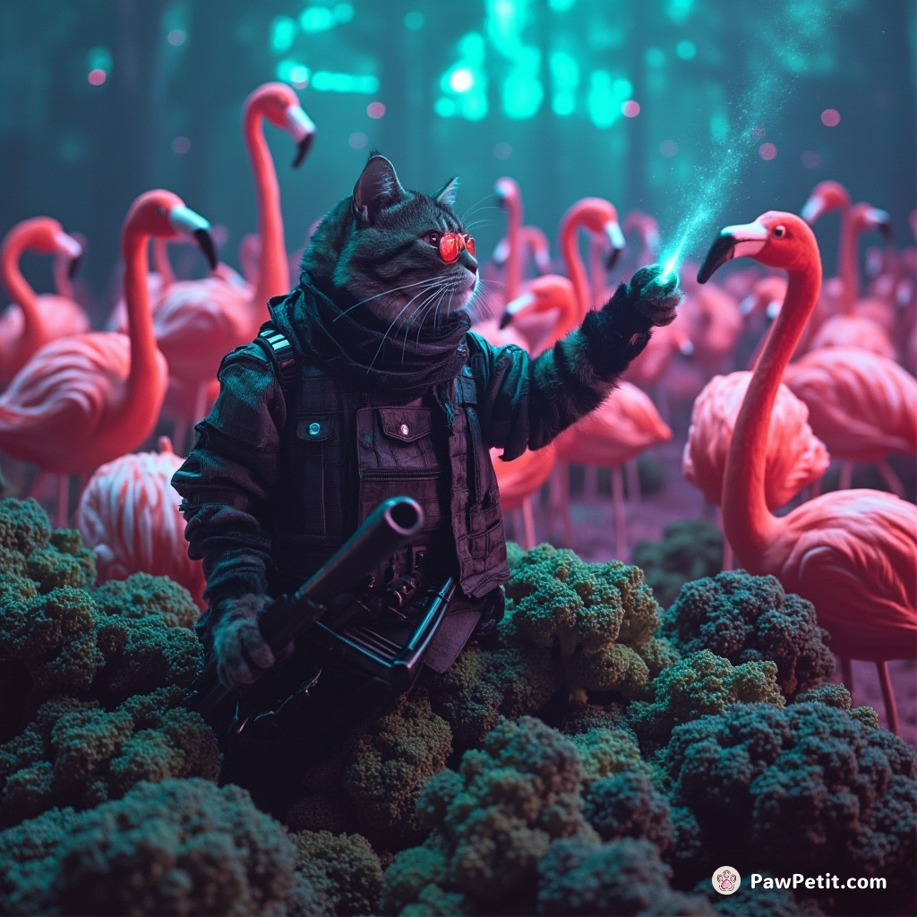 Cat directing an orchestra of flamingos in the midst of a broccoli forest.