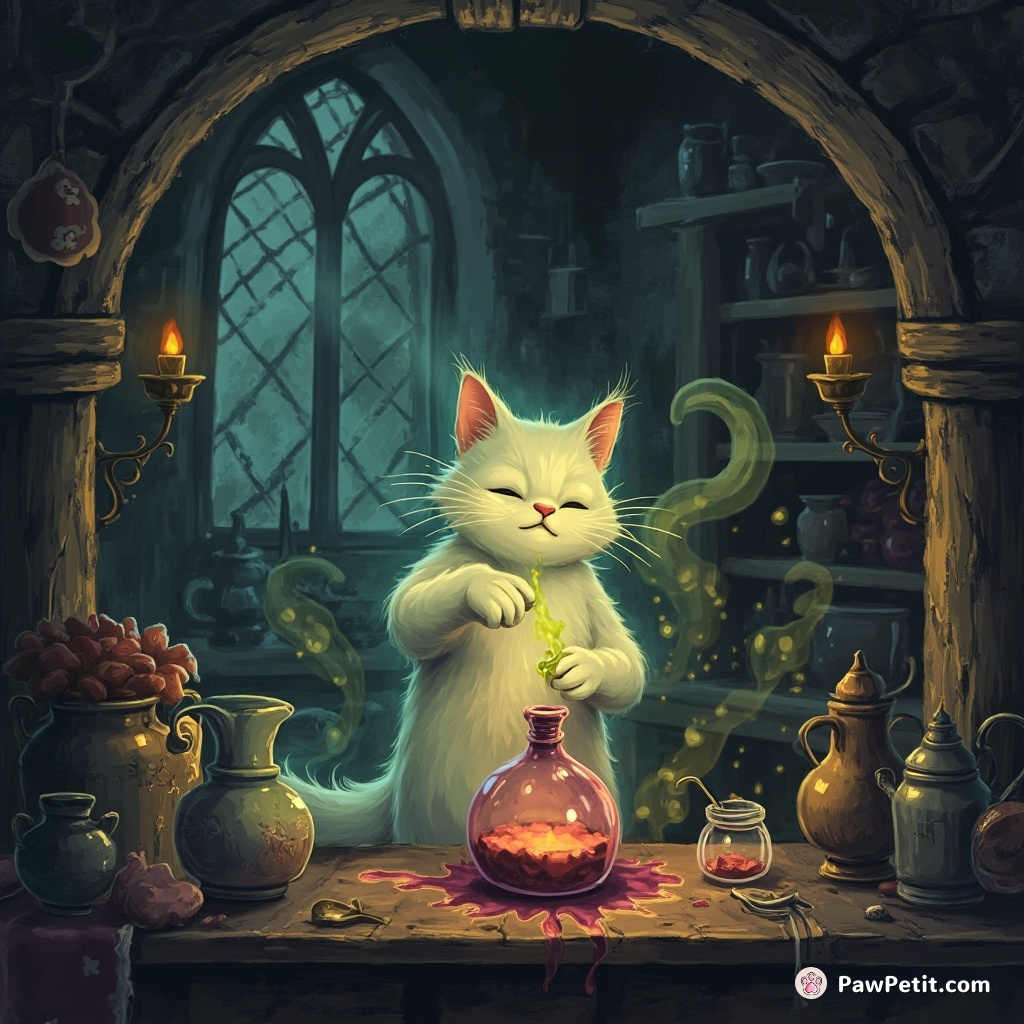 A Victorian-style ghost cat brewing a spectral potion in haunted castle kitchen.