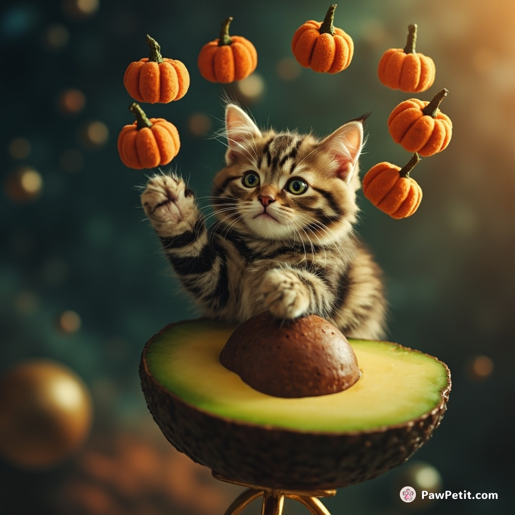 Cat juggling tiny velvet pumpkins on a unicycle atop an avocado half in outer space.