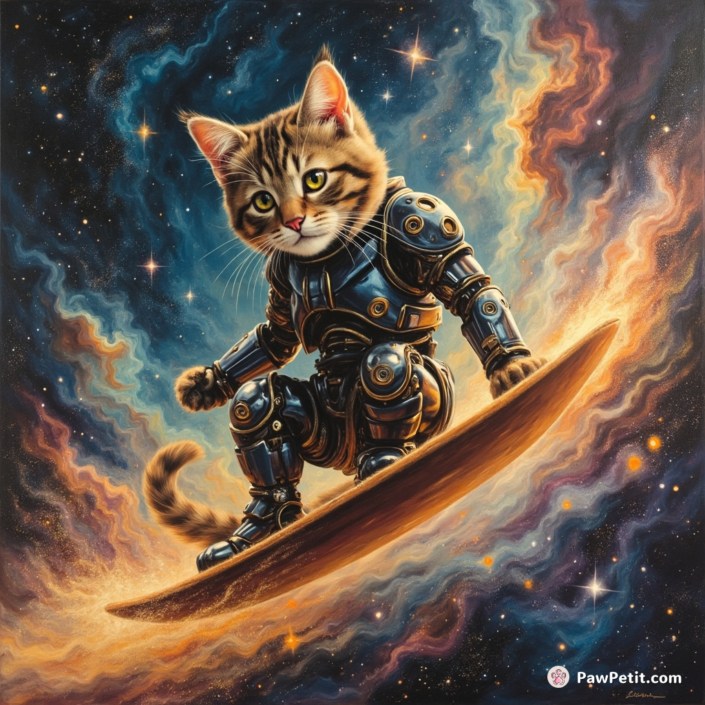 Cyborg cat baking nebulas on a cosmic surfboard racing through the multiverse.