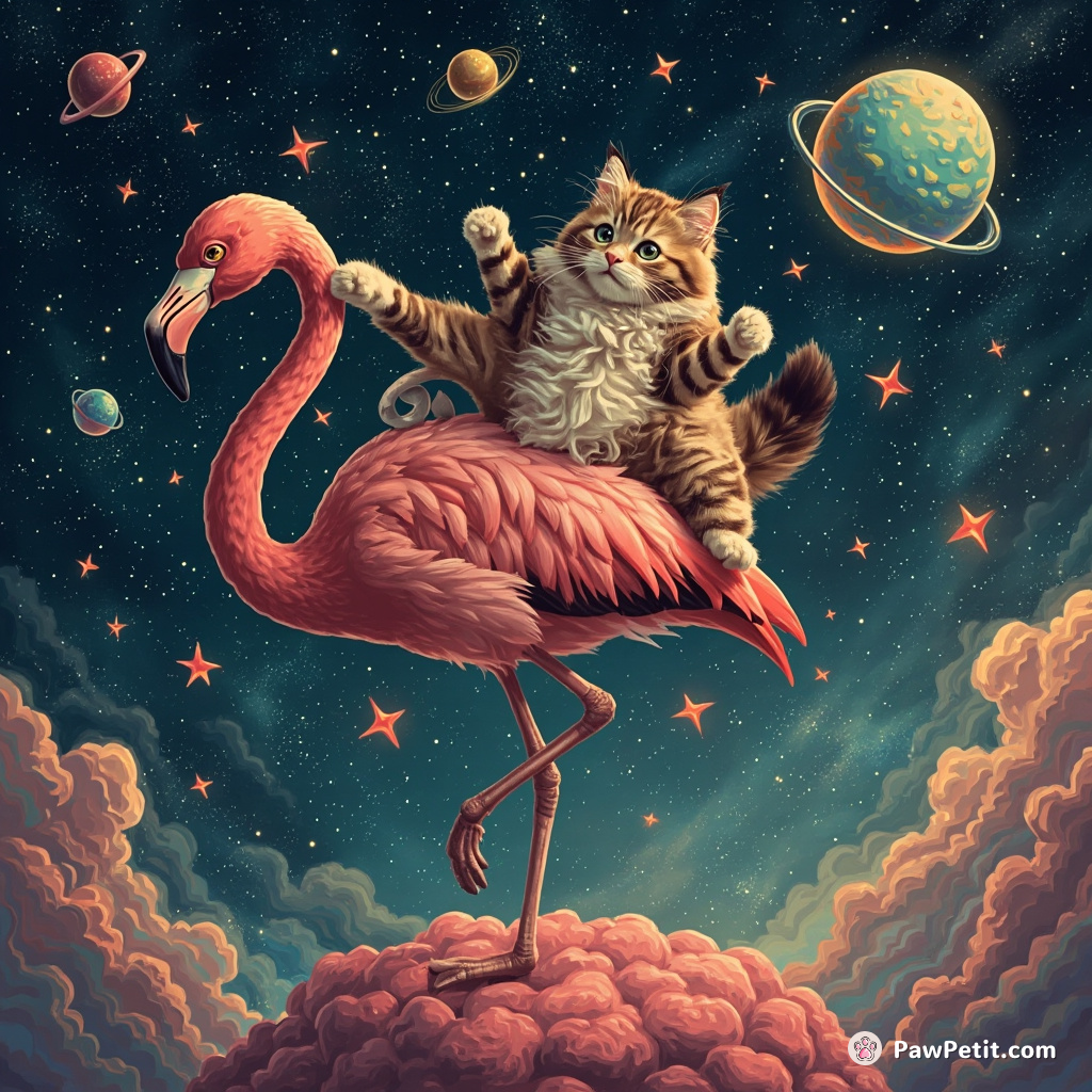 Cat tap-dancing on a flamingo's back in outer space.