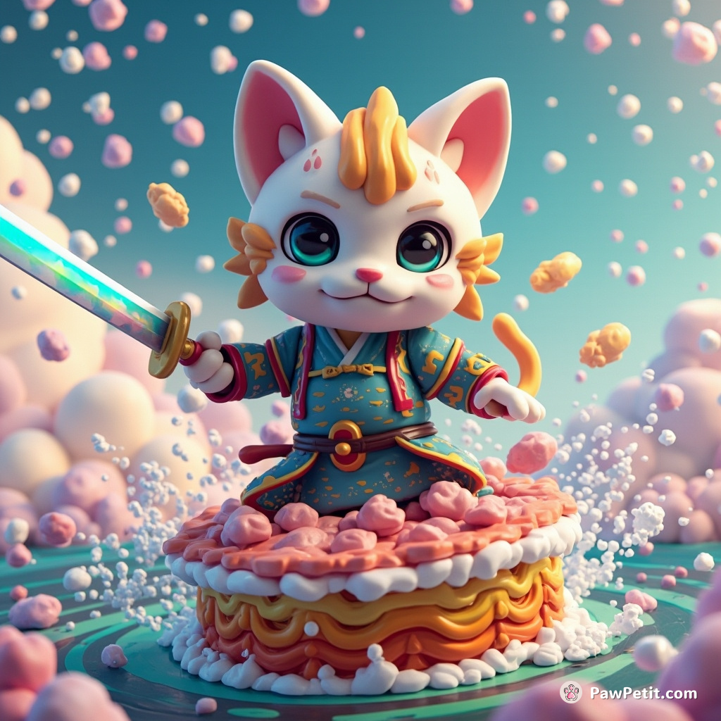 A samurai cat skillfully slicing through a torrent of unicorn-shaped snowflakes with an iridescent katana on a giant floating sushi roll, sailing over a rainbow lava sea.