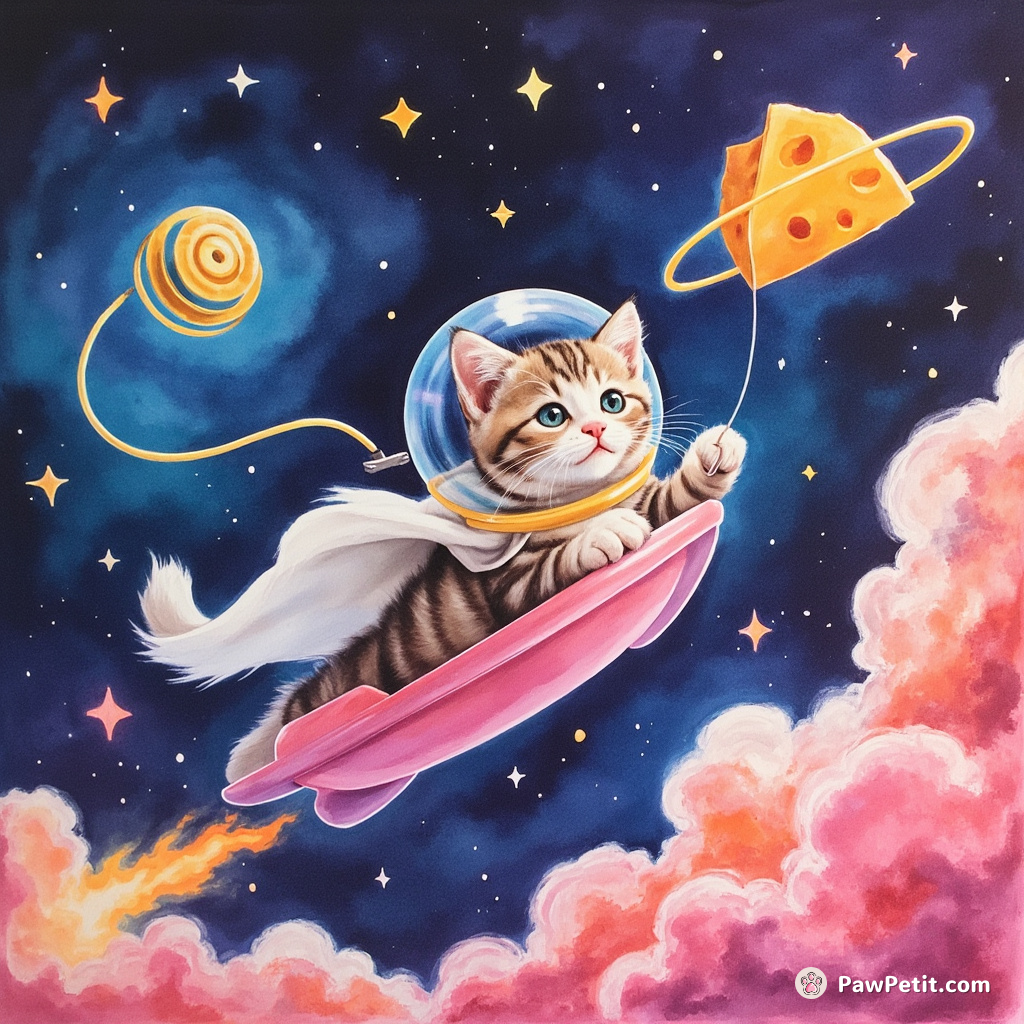 Astro-kitten zooming through a neon candy galaxy, trying to lasso a floating wedge of cheese with its bubblegum yo-yo.