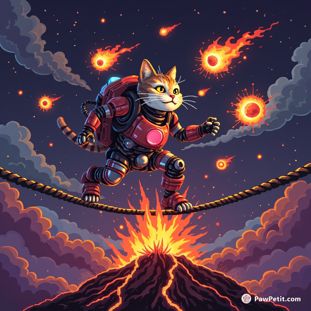 Cyborg cat juggling flaming meteorites on a tightrope over an active volcano.