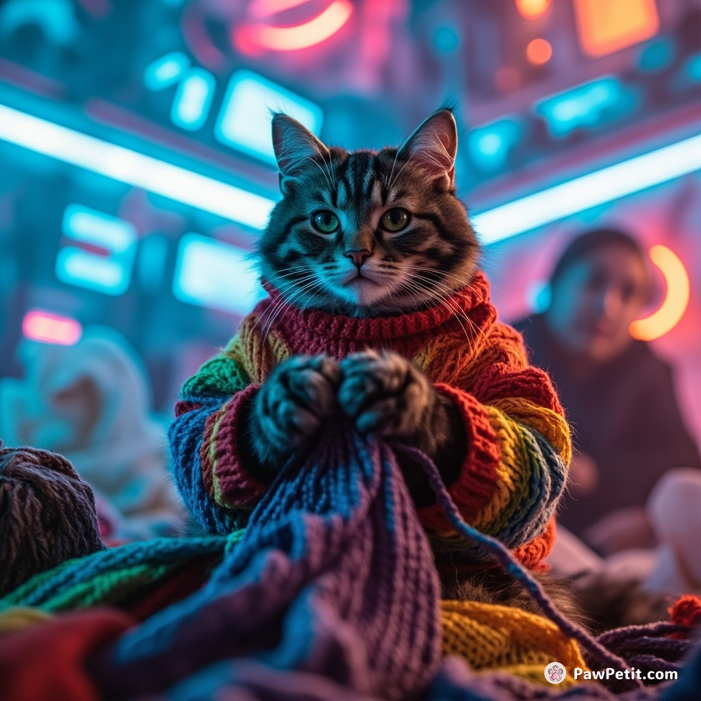 Cat calmly knitting a sweater made from rainbows in an iridescent underwater city.