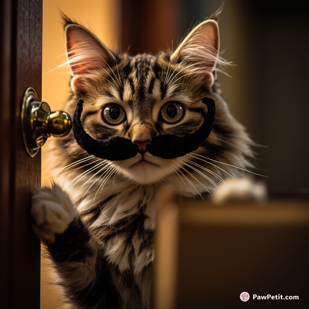 The cat, wearing a fake mustache, "answers" the door, meows, and signs for a package delivery.
