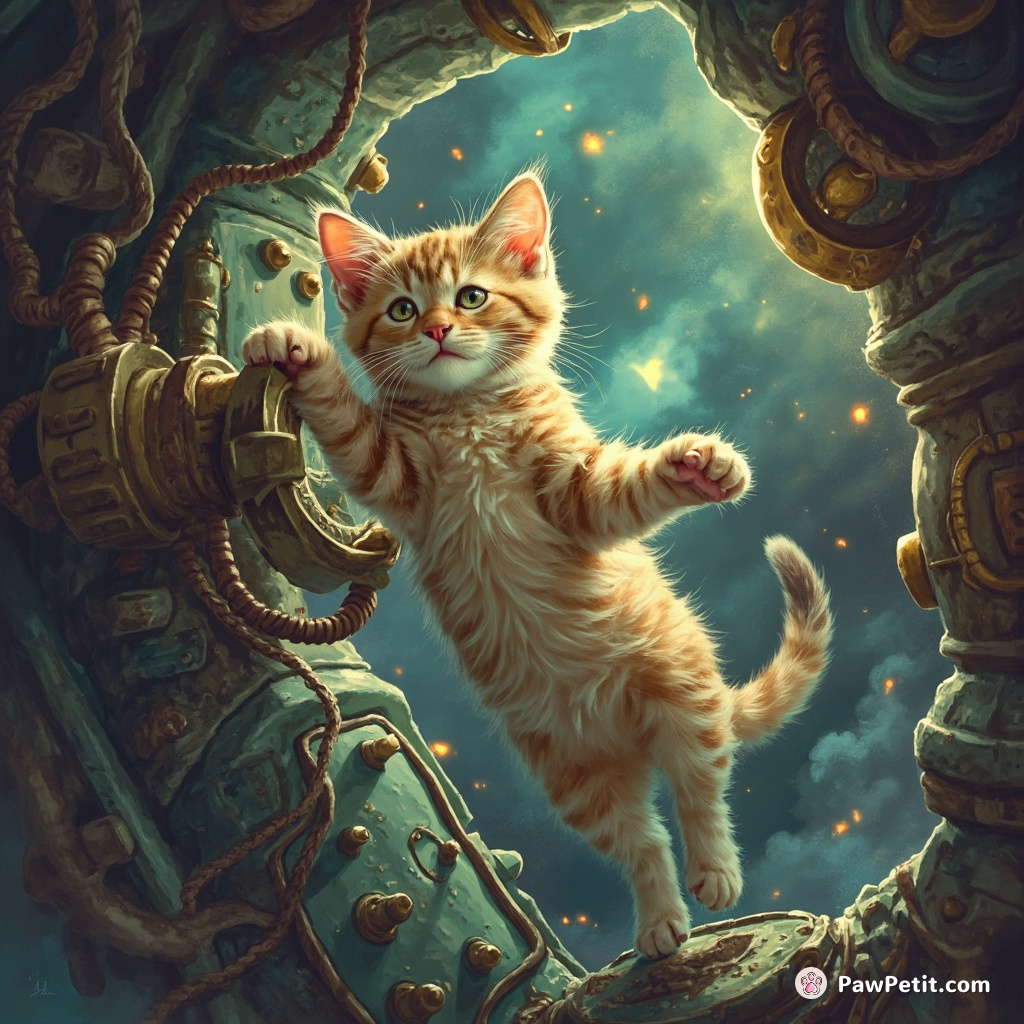 Feline gracefully pounces onto control panel, triggering strange machinery with a swift paw swipe.