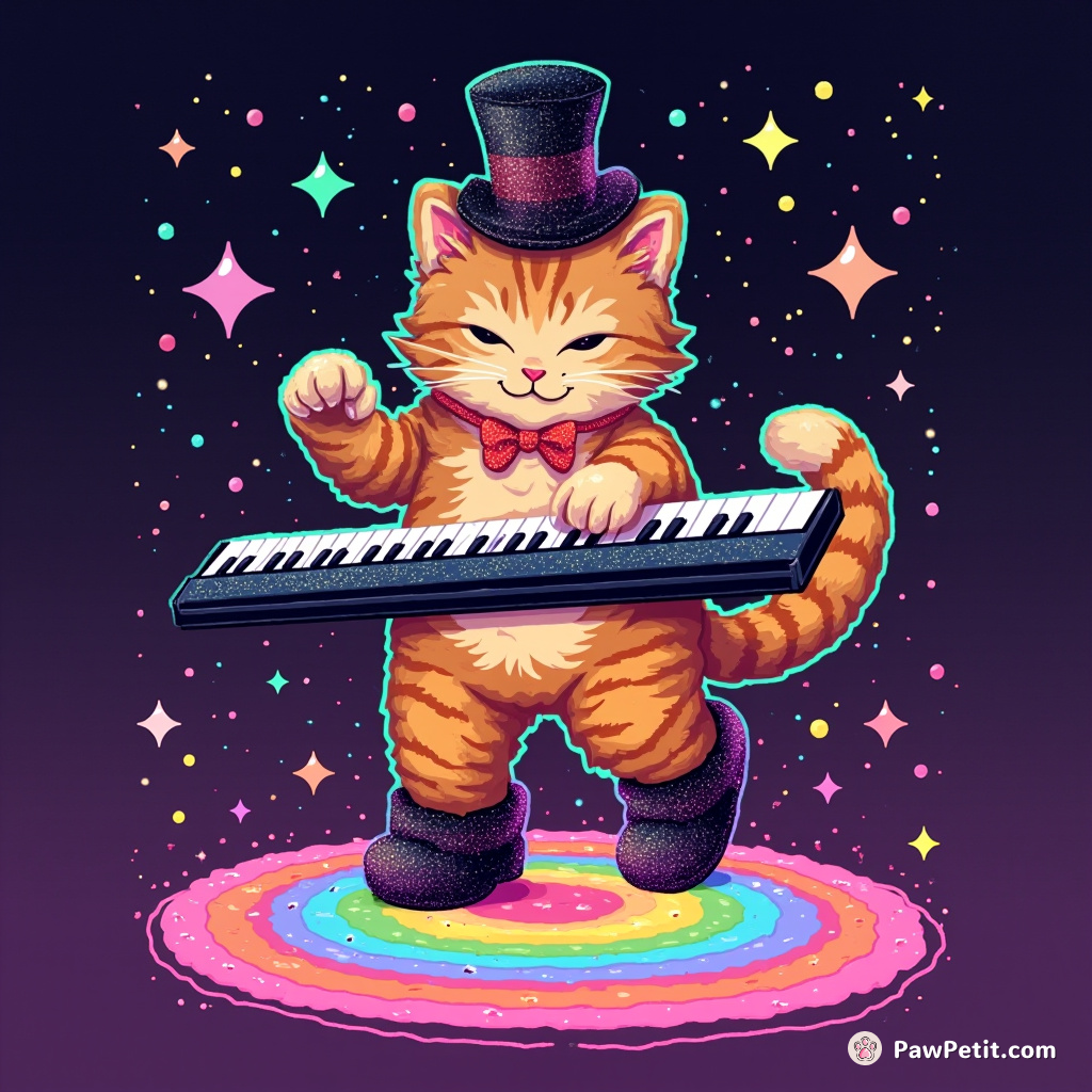 Cat tap-dancing on a keyboard of rainbows, wearing gummy bear slippers and a tiny top hat made of stardust.
