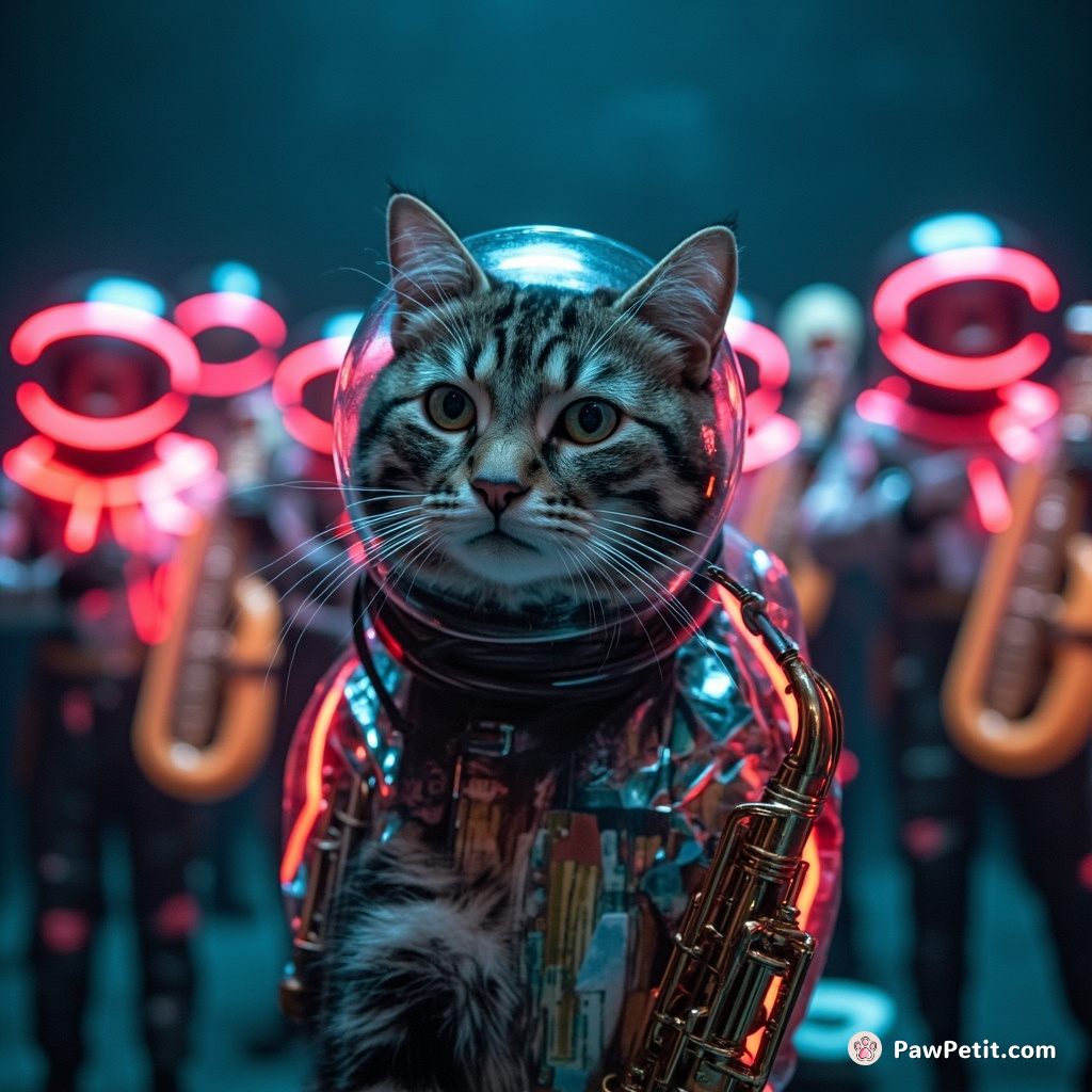 Cat partaking in a musical concert with an underwater orchestra wearing neon space suits.