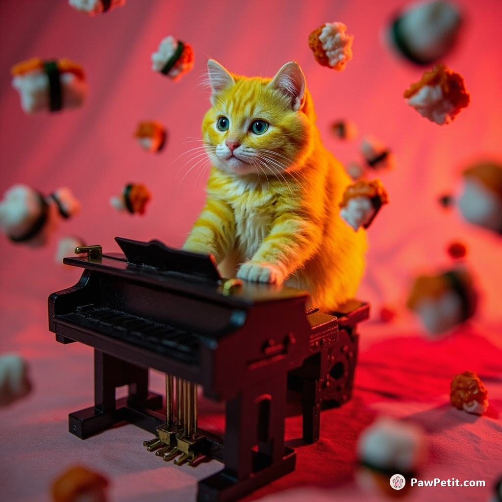 A neon-highlighter yellow cat playing a miniature grand piano, surrounded by levitating sushi rolls.