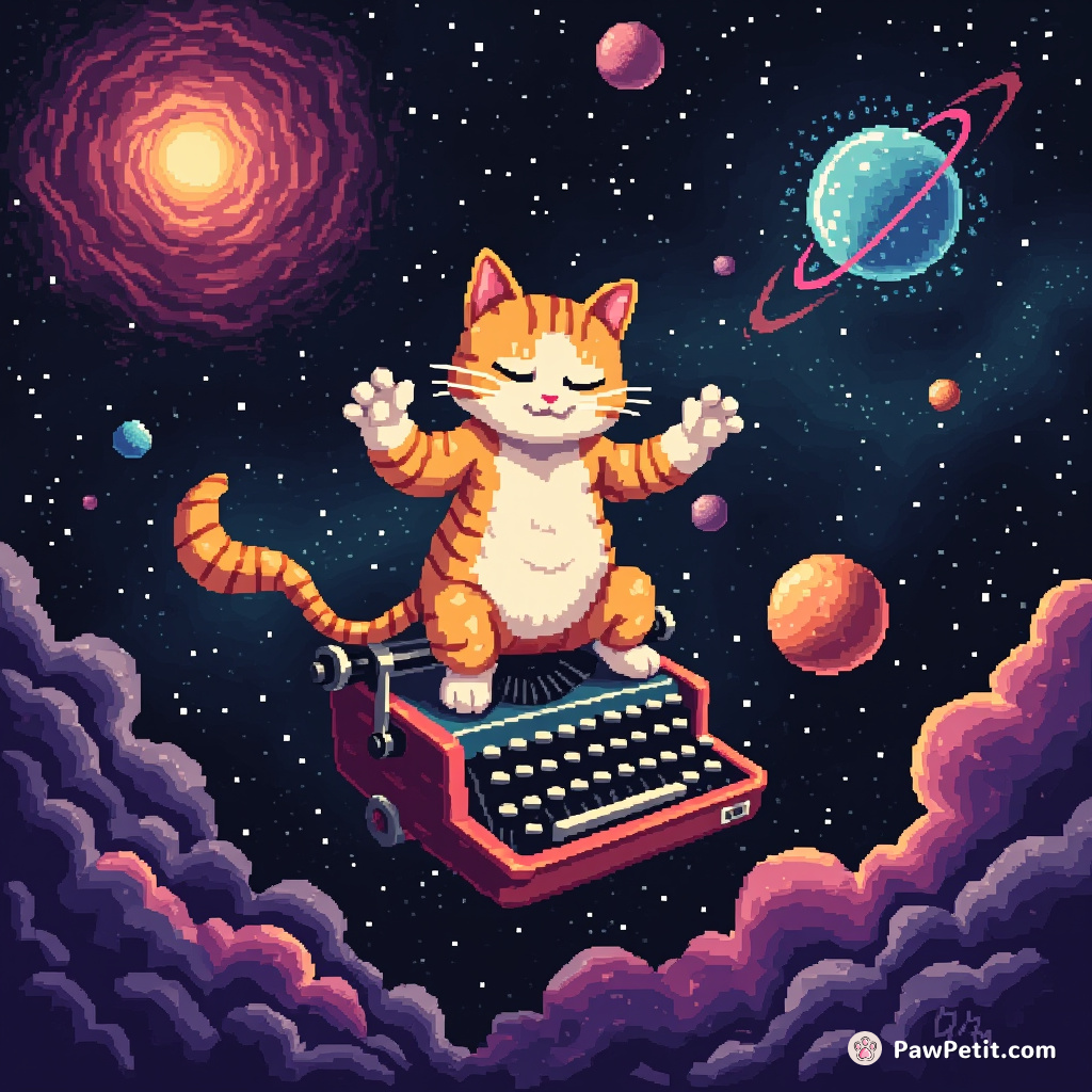 Cat practicing Tai Chi on a typewriter floating in a cosmic nebula.