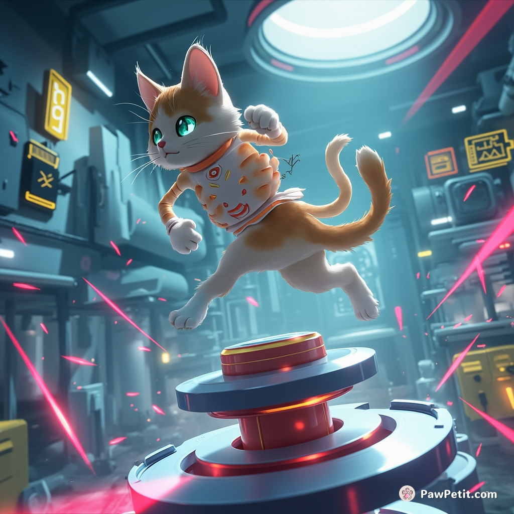 A cat gracefully leaps between spinning, levitating platforms, deftly dodging laser beams in a futuristic lab.