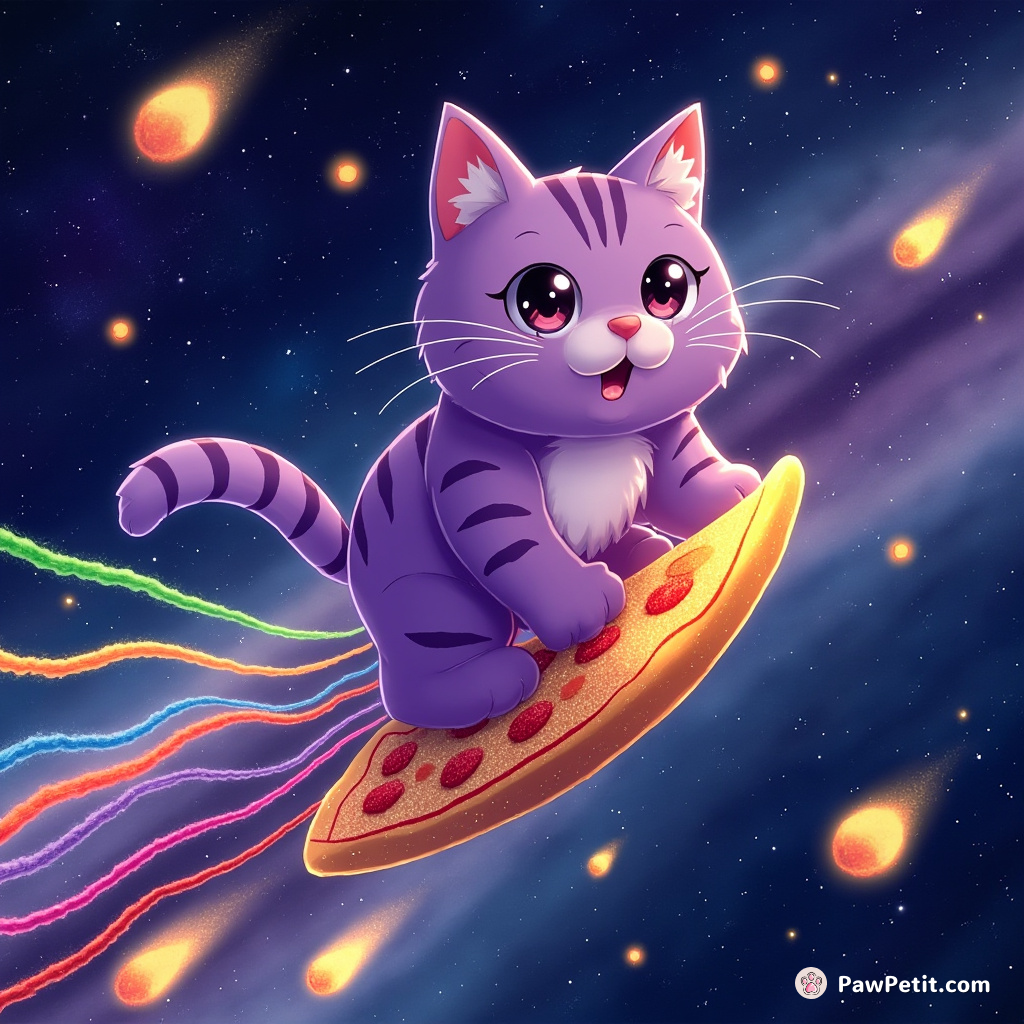 A purple cat surfing through galaxy on a glittering pizzal slice, chased by comets forming tails of rainbow yarn.
