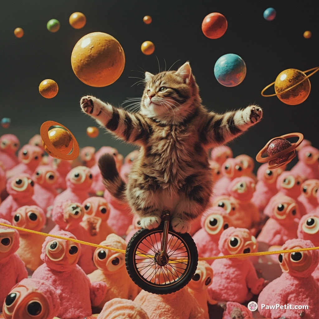 Cat riding a unicycle on a tightrope, juggling golden planetary system models above a terrified crowd of neon platypuses.
