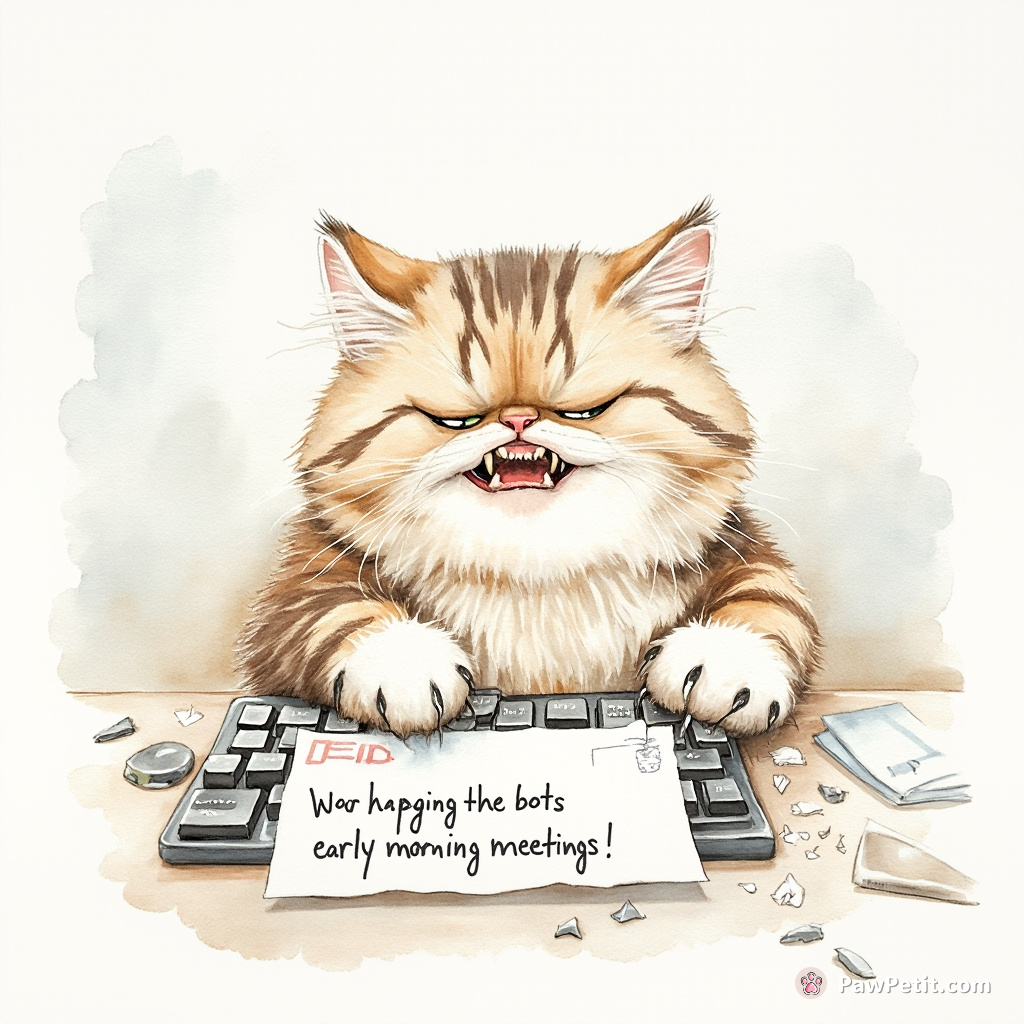 The cat types an angry email to the boss, shredding the keyboard with its claws in protest of "early morning meetings.