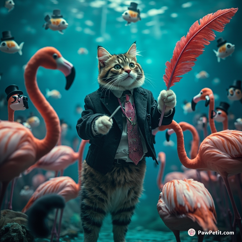 Cat gracefully conducting a symphony of flamingos with a giant quill pen underwater, with an astonished audience of fish wearing top hats and miniature monocles.