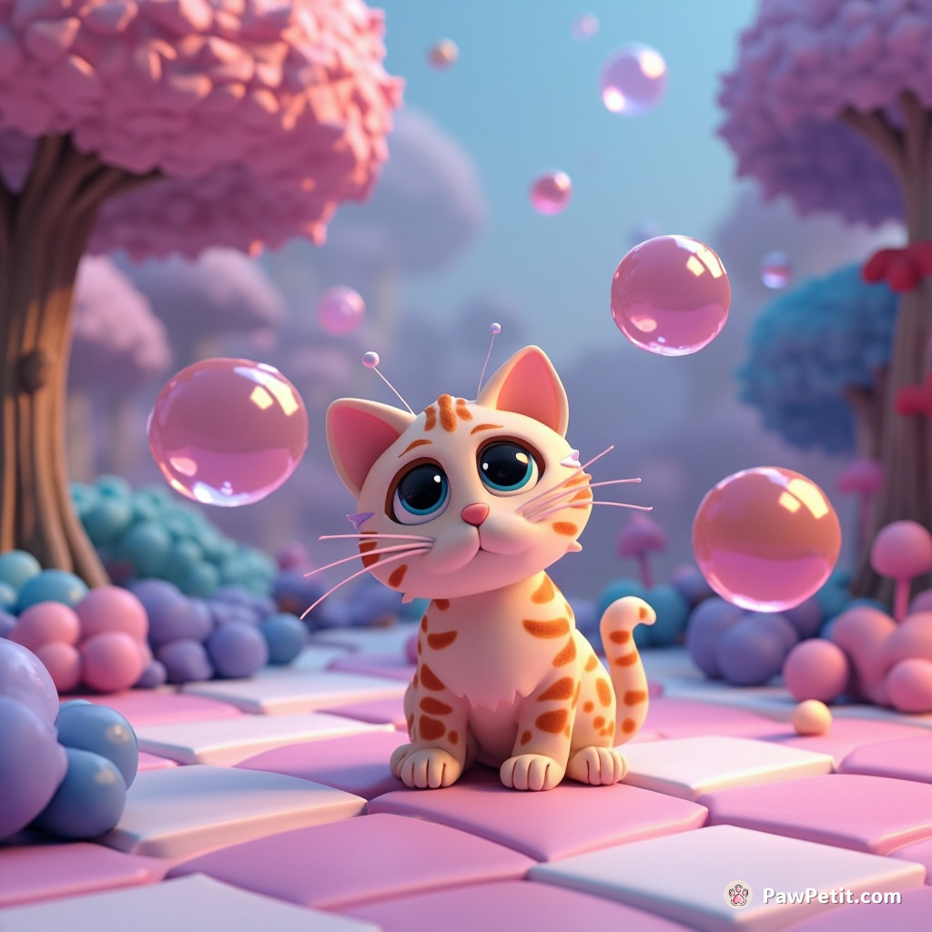 A three-eyed cat blowing celestial bubbles on a floating checkerboard in an ethereal forest.