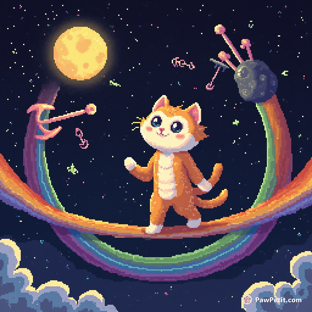Cat tightrope walking on a rainbow over the moon while juggling multidimensional anchors.