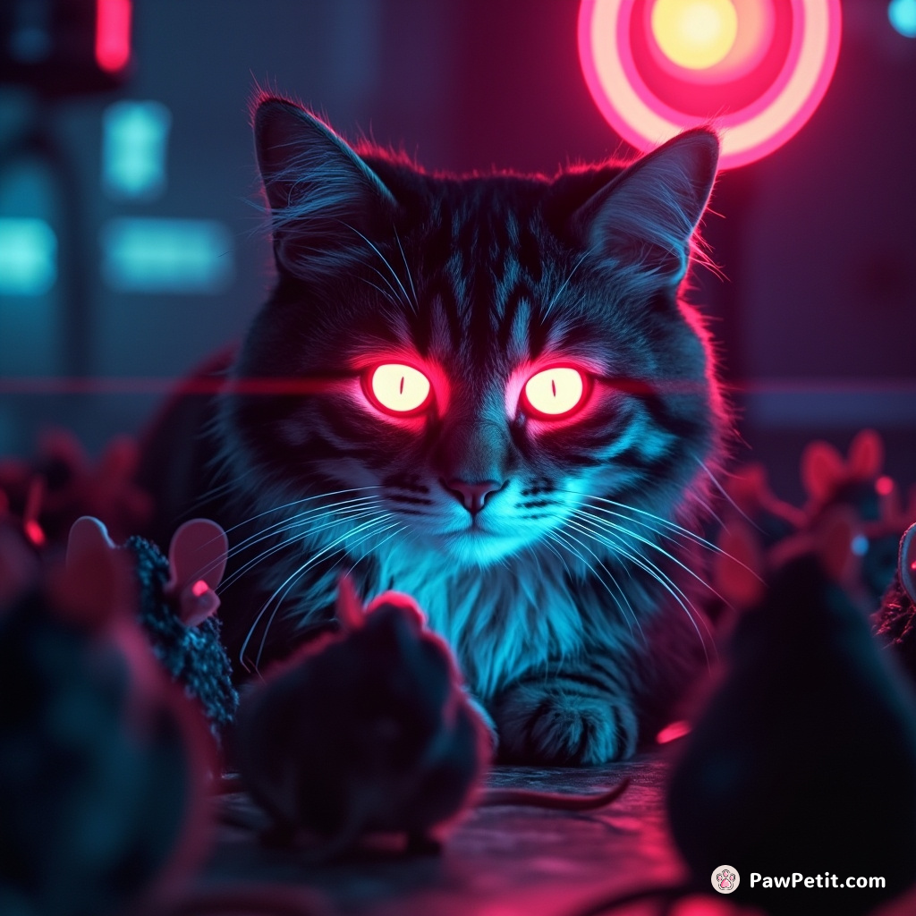 A neon tabby cat hypnotizing a crowd of mechanical mice with its lustrously glowing, clairvoyant eyeballs at a seedy noir-style jazz lounge in a parallel, vapourwave universe.