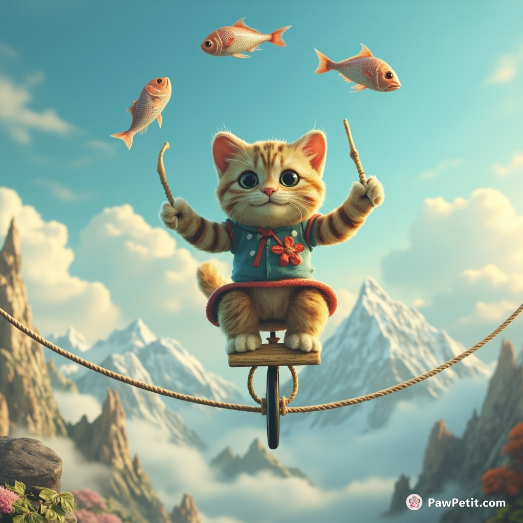 A cat riding a unicycle on a tightrope strung between two cloud-covered mountain peaks, juggling fish bones.