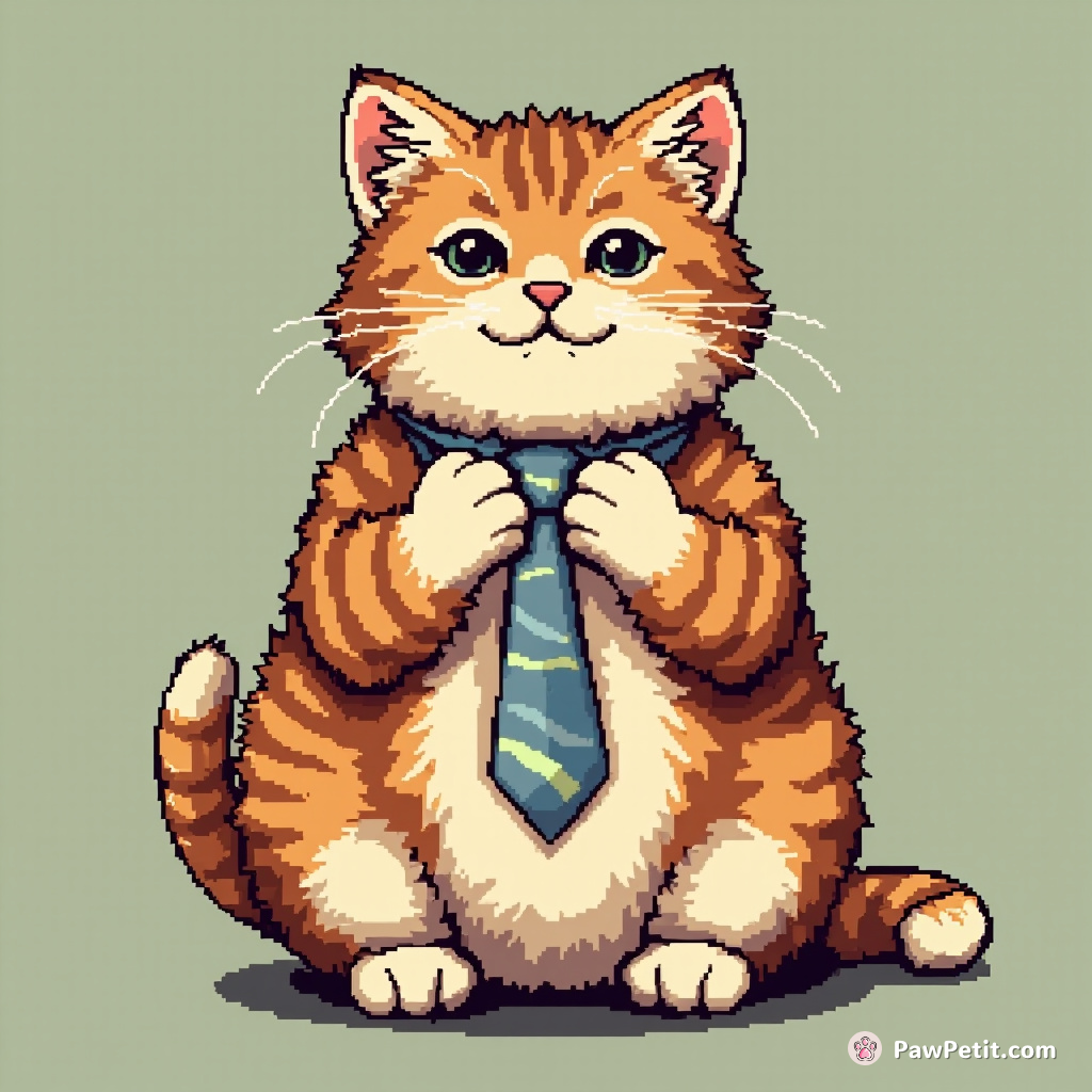 The cat meticulously ties a tiny tie around its neck, puffing up with exaggerated importance.