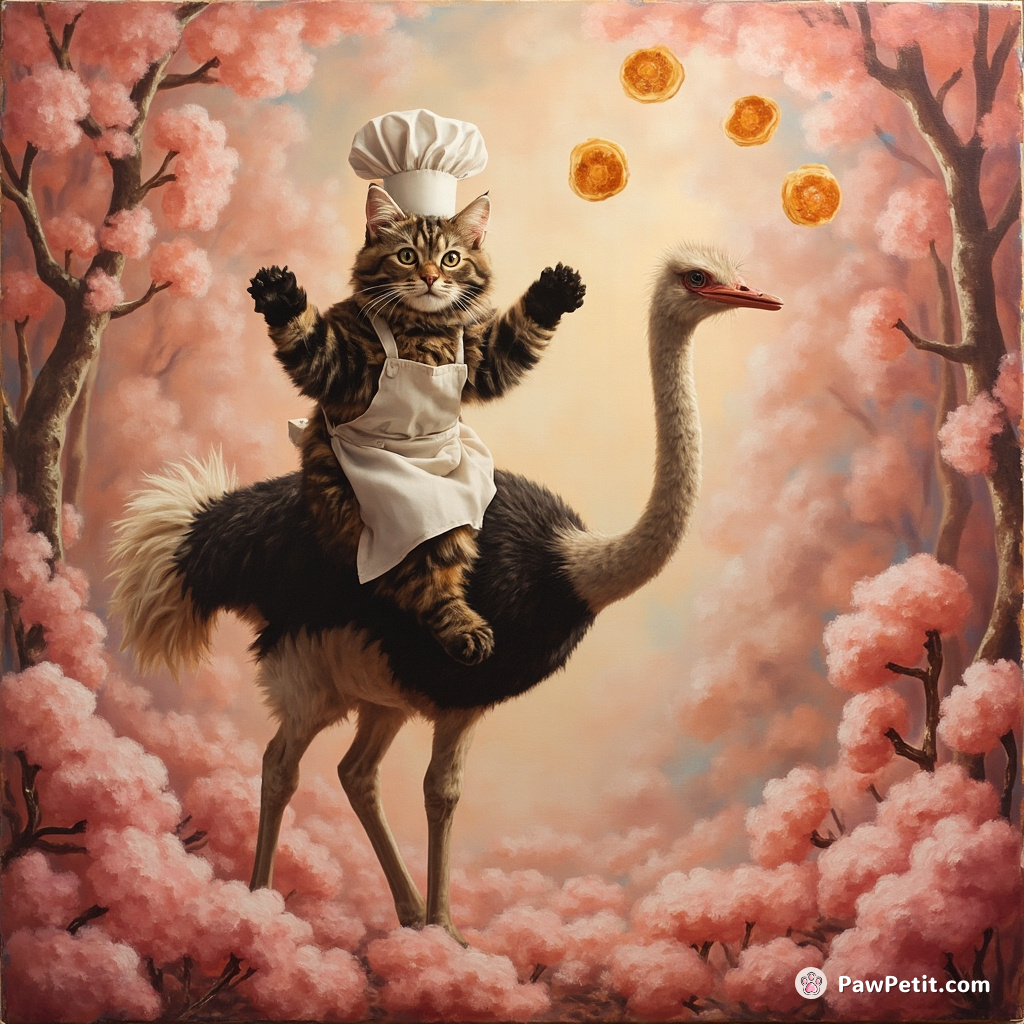 A tabby cat wearing a chef's hat and apron, riding an ostrich in the middle of a cotton candy forest, while juggling golden pancakes.