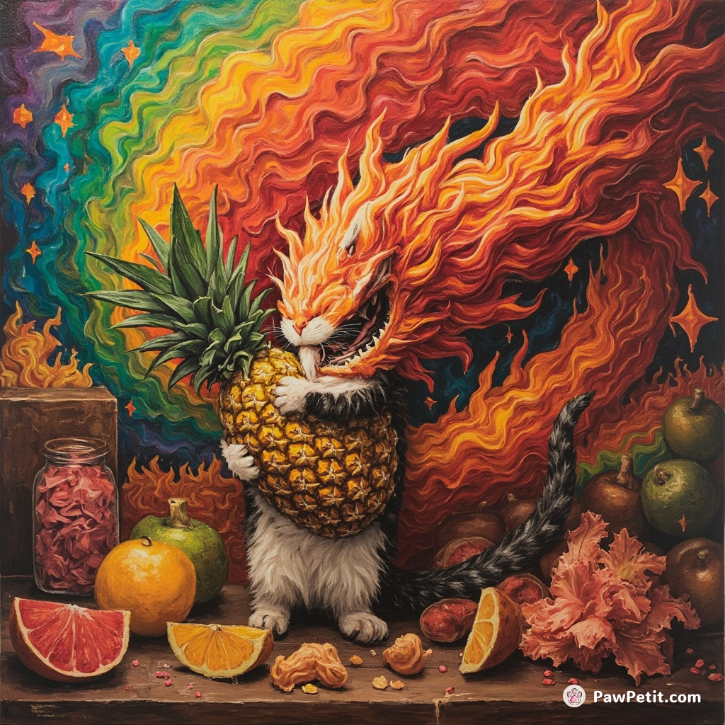 Cat grappling with a pineapple transforming into a fiery dragon in the middle of rainbow-colored Venusian deli.