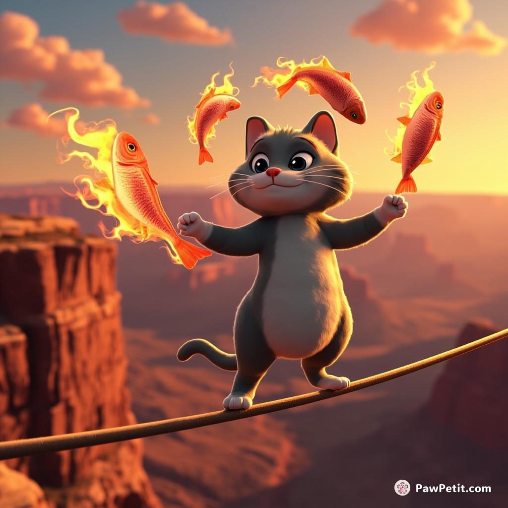 A grey tabby cat juggling flaming tuna fish on a tightrope above the Grand Canyon at sunset.
