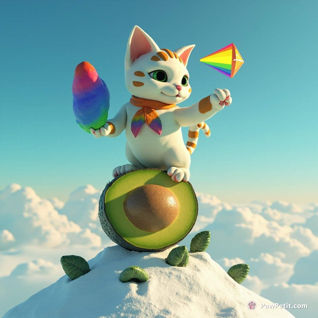 A salvadorean surrealistic cat balancing a rainbow prism with its tail, on top of an avocado-grown snow peak.