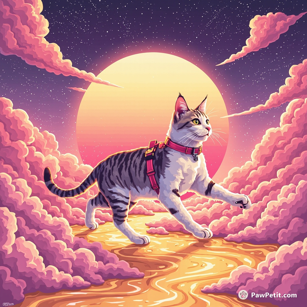 Cat moonwalking on a glistening nacho cheese river under swirling cotton candy clouds
